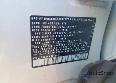 2022 Volkswagen Taos S из США, поврежденный, VIN 3VVCX7B28NM066561